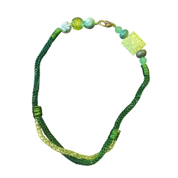Jewelry - Artisan Modern Viking Knit Wire Woven Necklace 20" Green Mixed Media Statement